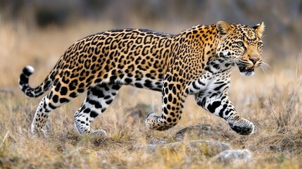 Leopardo Acechando en la Hierba Alta con Mirada Concentrada Leopardo acechando entre la hierba alta, con la mirada fija en su presa