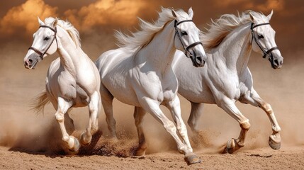 Grupo de caballos galopando en un prado amplio durante el atardecer, con la luz reflej&aacute;ndose en sus crines y musculatura. La imagen transmite fuerza, libertad y energ&iacute;a, ideal para fondos de pantalla