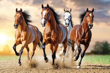 Grupo de caballos galopando en un prado amplio durante el atardecer, con la luz reflejándose en sus crines y musculatura. La imagen transmite fuerza, libertad y energía, ideal para fondos de pantalla