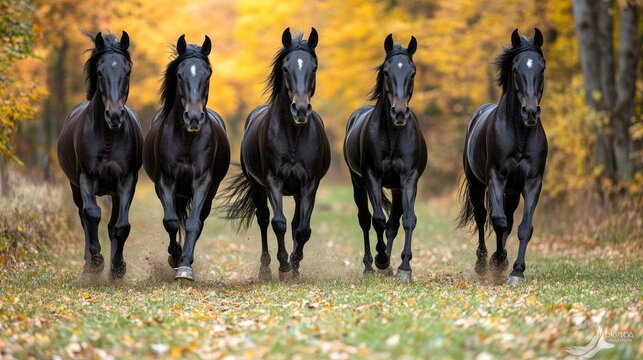 Grupo de caballos galopando en un prado amplio durante el atardecer, con la luz reflej&aacute;ndose en sus crines y musculatura. La imagen transmite fuerza, libertad y energ&iacute;a, ideal para fondos de pantalla