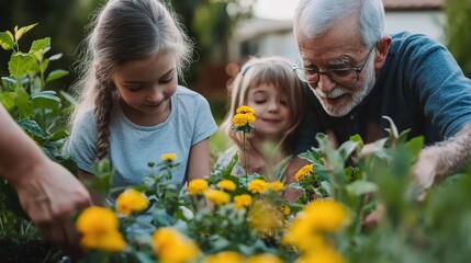 Grandparents and Granddaughter Enjoy Gardening Together