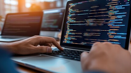 Primer plano de manos de programadores tecleando código en laptops, con pantallas que muestran líneas de programación. Ideal para temas de tecnología
