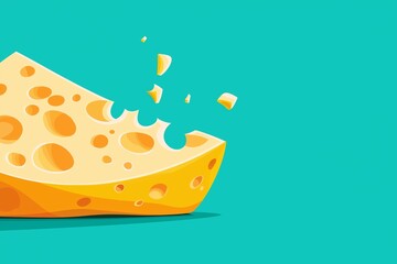 Cartoon-style illustration of gouda cheese with holes and copy space for text, vibrant turquoise background, playful design, whimsical food art, colorful backdrop, natural elements