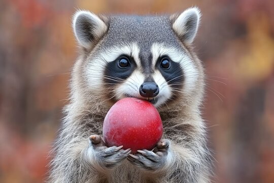 Mapache sosteniendo curiosamente una peque&ntilde;a fruta con sus patas en un claro del bosque. La imagen destaca la expresi&oacute;n traviesa del animal