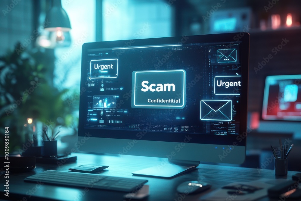 Poster computer screen displaying urgent confidential messages highlighting cyber security concepts and dig
