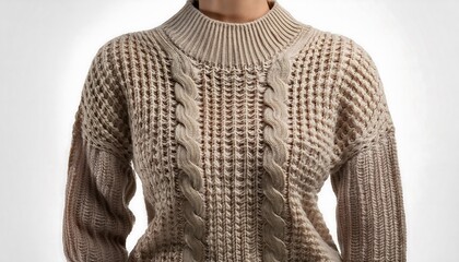Chunky knit sweater mockup in warm beige showcasing intricate cable design and cozy texture for winter fashion. Generative AI