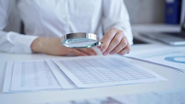Businesswoman with white blues is analyzing financial data on a spreadsheet using a magnifying glass. Audit and taxes