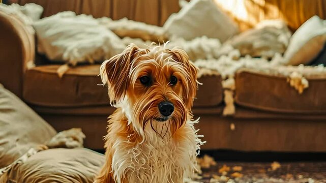 A small dog with a guilty expression sits amid remnants of a demolished sofa in a living room. Torn cushions and scattered stuffing create a chaotic scene. The dog, possibly a terrier mix, is