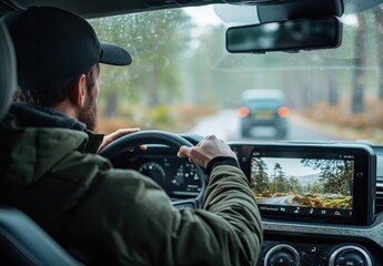 A man in his mid-30s is driving an SUV through a scenic mountainous landscape wearing casual attire and a cap
