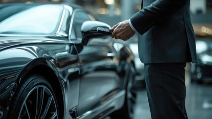 Man in a suit unlocking his luxury car with a key fob in a city setting at sunset