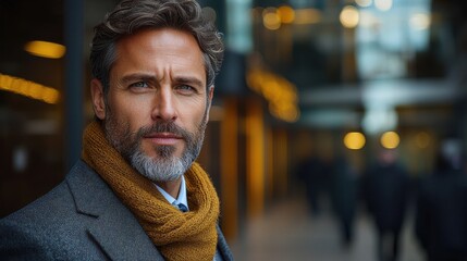 Fototapeta premium A well-dressed man with a scarf poses confidently in an urban setting during the late afternoon