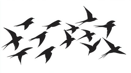 Obraz premium A flock of flying swallows, bird silhouettes in the sky. Wild Birds Unlimited: bird food, feeders, and feeding.