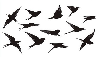 A flock of flying swallows, bird silhouettes in the sky. Wild Birds Unlimited: bird food, feeders, and feeding.
