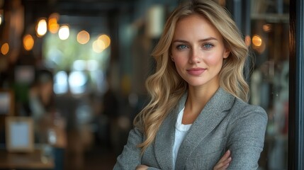 Obraz premium Professional woman in a stylish gray blazer poses confidently in a modern café filled with warm lights during daytime