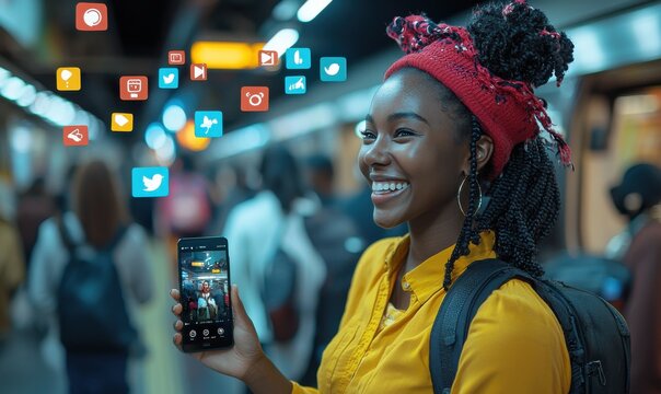 Smiling woman recording an interview in a subway with social media icons above, showcasing modern communication and technology