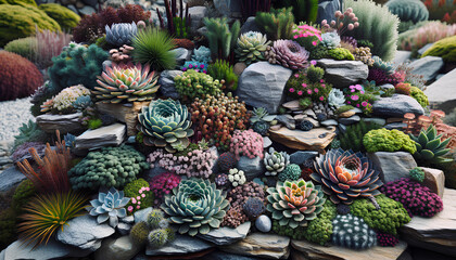 Fototapeta premium alpine rock garden of alpine flowers and succulents, landscape design