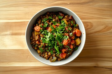 Lentil stew with carrots and parsley in a white bowl on a wooden background.
