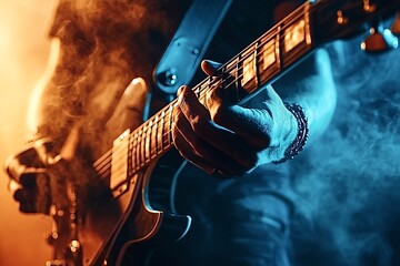 Obraz premium Musician playing electric guitar on stage with dramatic lighting and smoke