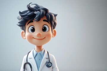 Cartoon doctor character in 3d style. Cute male medic in white medical coat with stethoscope, isolated on plain background.