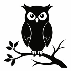 An owl perched on a tree branch silhouette vector illustration on white background