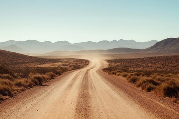 A winding dirt road leads through a dusty landscape with distant mountains.