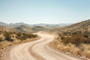 A winding dirt road through a dry, desert landscape under a clear blue sky.