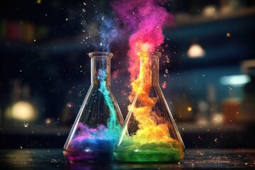 Fototapeta premium Colorful chemical reactions with billowing smoke in laboratory beakers creating a visually striking science experiment scene