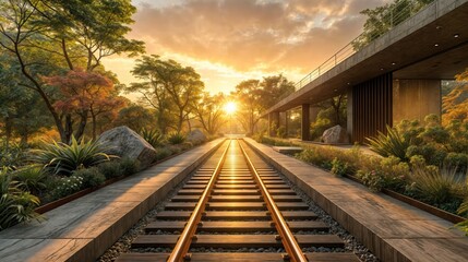 Fototapeta premium Scenic railway station at sunrise with golden light shining on the tracks surrounded by lush greenery.