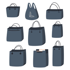 Shopping bags collection isolated on white background.Packaging of different shapes and sizes are drawn in gray.Handbag icon set.Vector design for use in banners ,flyers,card.Flat style illustration.