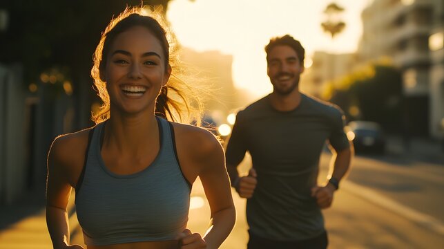 Cinematic shot of a smiling woman and man in sportswear running down the street during the golden hour