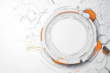 Futuristic circular design with geometric patterns and modern technology elements in a  graphic style featuring white and orange details