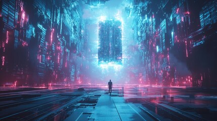 Naklejka premium A lone figure walks towards a glowing city in a futuristic neon landscape.