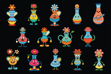 creative and unique cartoon vase with cute flower vector art illustration