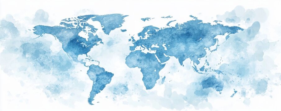 Watercolor world map in light blue and white hues, depicting geographical continents with artistic style