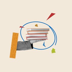 Collage sketch human arm and book encyclopedia