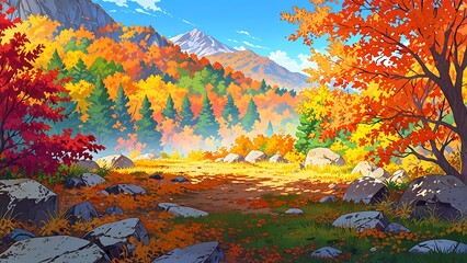 Autumn Forest Trail with Mountain View