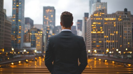 Businessman in a suit gazes at a city skyline during dusk, reflecting on opportunities and challenges in a bustling environment
