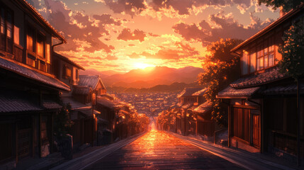 Serene Sunset Over a Beautiful Japanese Town Framed by the Majestic Mount Fuji