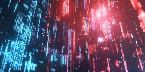 Abstract digital landscape with glowing blue and red data streams.