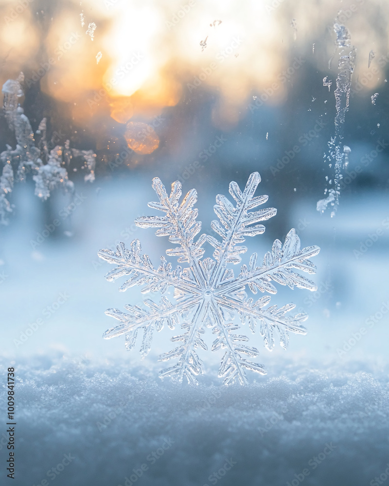 Fototapete A close-up of a single snowflake on a window sill with a snowy background. The setting sun is visible through the window, creating a warm glow.
