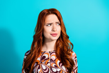 Photo portrait of lovely young lady look skeptical empty space dressed stylish colorful garment...