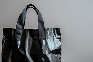 Black empty textile bag on gray background, close up with generaive ai