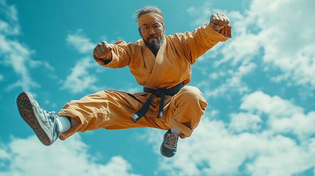 Kung fu master in a yellow uniform is powerfully kicking in mid-air, showcasing his martial arts skills against a vibrant blue sky