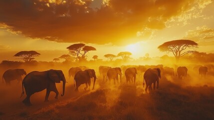 Fototapeta premium Majestic herd of elephants silhouetted against a golden African sunset, kicking up dust as they journey across the savanna.