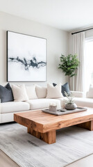 Fototapeta premium Modern living room with a wooden coffee table and a white sofa.