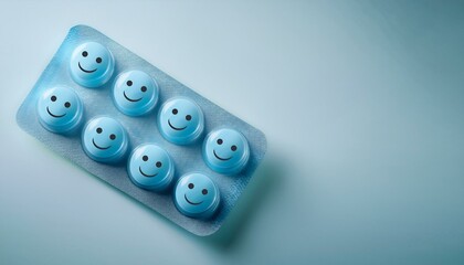A pack of pills with smiley faces isolated on blue background