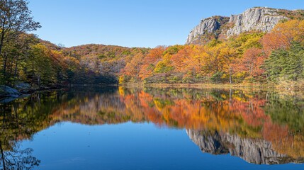 Naklejka premium Tranquil autumn lake reflecting vibrant fall foliage and rugged mountain cliffs under clear blue sky