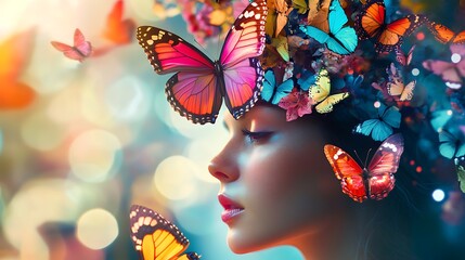 Fototapeta premium Dreamy Neon Colors Butterfly Portrait with Enchanting Floral Details photo