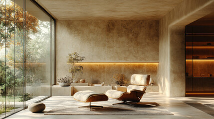 Modern living room with a leather armchair and ottoman, featuring a large window with a view of nature.