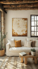 White couch with throw pillows in a cozy living room.